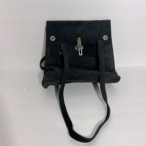 Franchi Black Suede Buckle Front Square Flap Double Handle Shoulder Bag